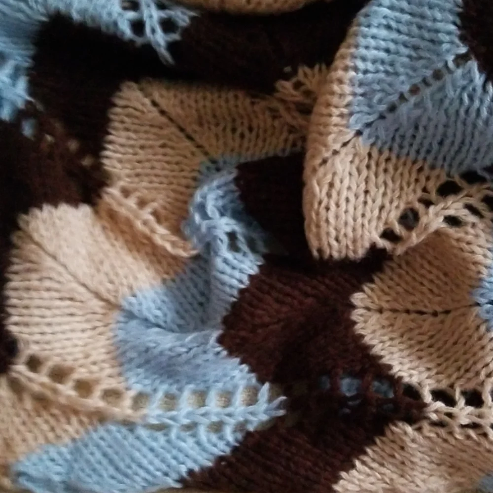 Handknit Chevron Brown/Beige/Powder-Blue  Blanket